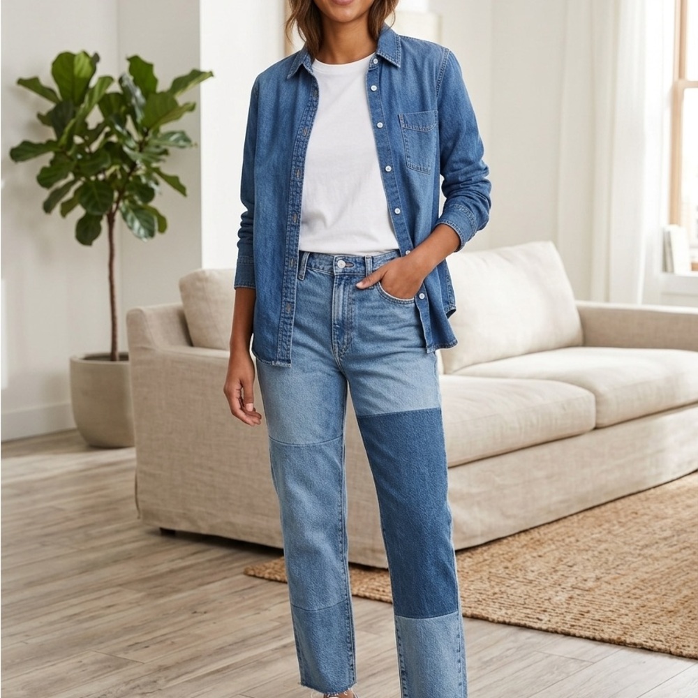 GAP Women’s Patchwork Blue Cheeky Straight Jeans